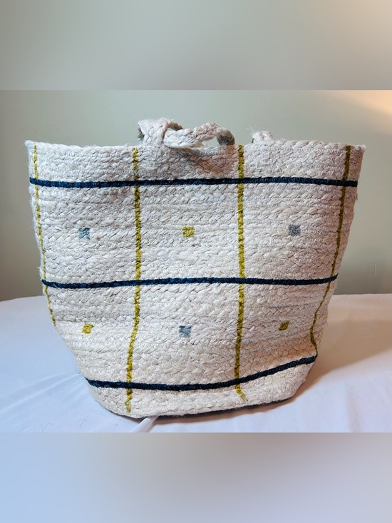 West Elm Handbags - West Elm Jute Bag With Handles cream blue & yellow grid 12 Inches High NWT